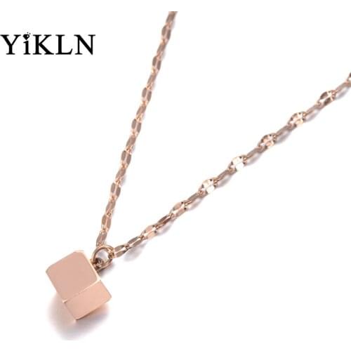 YiKLN Trendy Geometric Square Charm Pendant Necklaces For Women Rose Gold Titanium Stainless Steel Choker Necklace YN19134