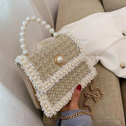 NEW plaid women hand bag Bead floral cotton linen shoulder bag Solid pearl chain strap autumn holiday chic tote bag