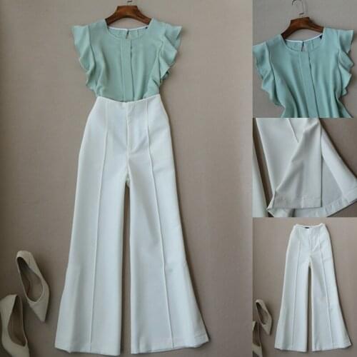 Women Office Wear Fashion Ruffled Chiffon Top + High Waise Wide Leg Flare Pants Ankle-length Suit Trousers Casual Set