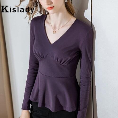 New Autumn Womens V-Neck Sexy OL Harajuku Shirt High Street Elegant Long Sleeve Gothic Shirt Korean Ruffles Patchwork Clothes