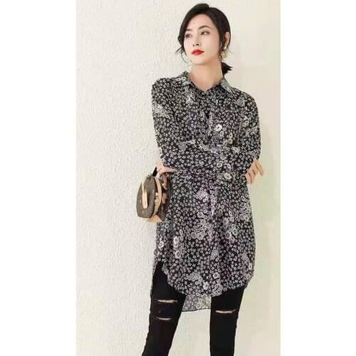 2021 Summer Fashion Long Shirt Dress High Quality Women Turn-down Collar Vintage Prints Long Sleeve Casual Loose Dress Clothing