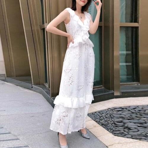 Fashion Wite Runway Women 2021 Summer Ruffles Sexy V-neck Maxi Elegant Hollow Out Black Party Dress
