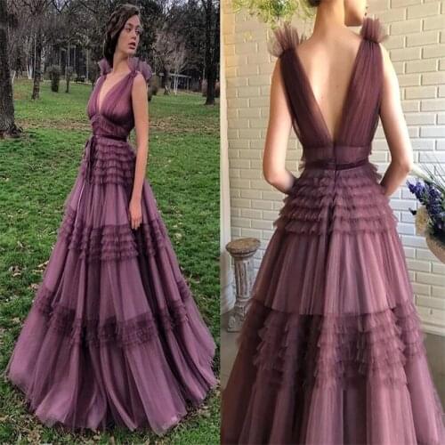 2021 Elegant V-Neck A-Line Prom Dresses Pleat Ruched Long Party Evening Gown For Women Floor Length Tulle Backless Custom Made