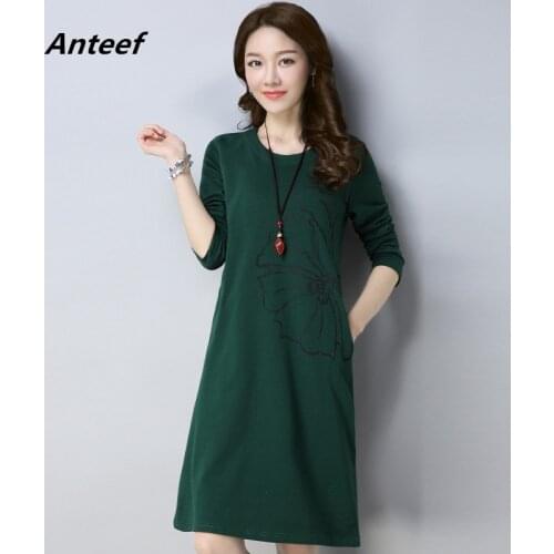 Long sleeve cotton vintage floral dresses for women casual loose midi autumn spring dress elegant clothes 2021