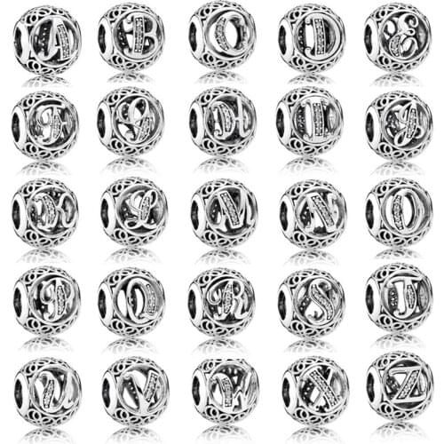10Pcs Alphabet From A to Z Round Ball CZ Crystal Spacer Clip Charms Beads Fit Pandora Charms Bracelet Necklace Women DIY Jewelry