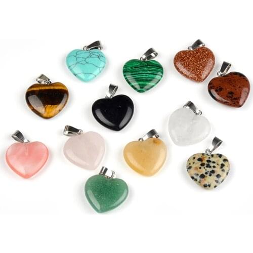 12Pcs Natural Stone Turquoises Lapis Opal Quartz Crystal Tiger Eye Charm Heart Pendant Diy Jewelry Making Necklace Accessories