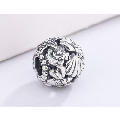 3D122 S925 Sterling Silver Openwork Starfish Beach Charm Shells & Hearts ocean Bead Charm Bracelet DIY Accessories Of Necklace