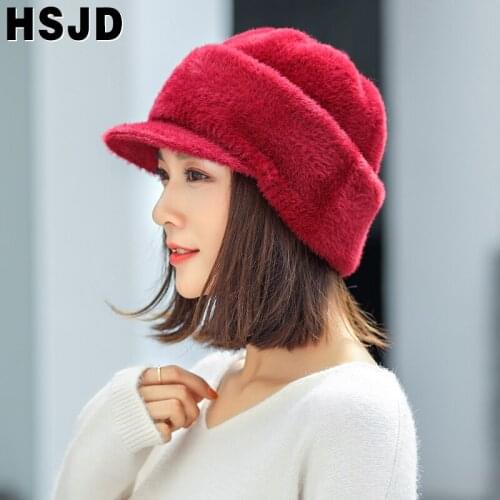 Balaclava Winter Womens Hats Solid Color Mink Plush Knitted Beanie Hat Winter Visor Caps Warm Skullies Beanies Bonnet Femme