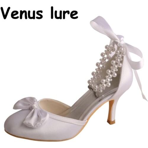 Closed Toe Pearl White Heels Ankle Strap Wedding Shoes for Bride Bow Court Shoes