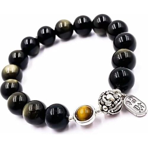 925 Sterling Silver Ball Obsidian Tigers Eye Exquisite Ball Black Natural Gemstone Bracelet Lucky Fortune Bliss Unisex Fashion