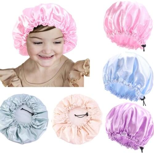 Kids Satin Bonnet Double Layered Sleep Cap Adjustable Elastic Sleeping Hat Waterproof Bath Hat Shower Hair Cover Children Bonnet