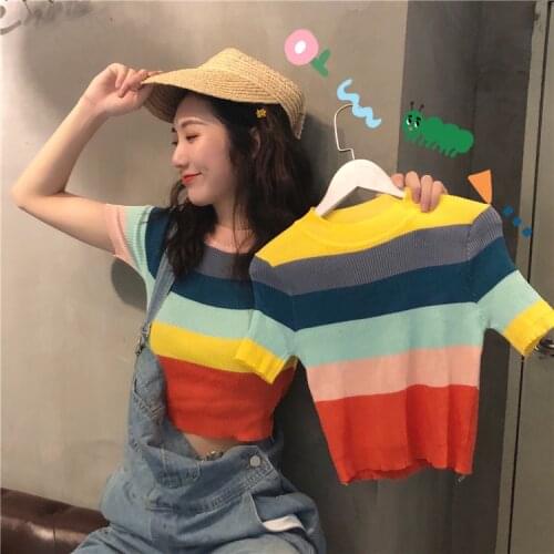 Harajuku Retro Rainbow Striped Round Neck Knitted T-Shirts Jumpers Short Sleeve Contrast Color Tees OL Crop Tops Sueter Mujer