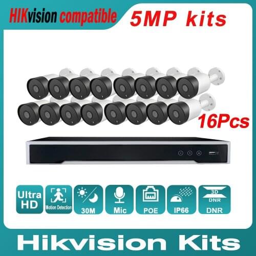 Hikvision Compatible Kits DS-7616NI-Q2/16P 16POE NVR 5MP Full-color IP Camera Bullet POE Built-in MIC 16PCS Security CCTV System