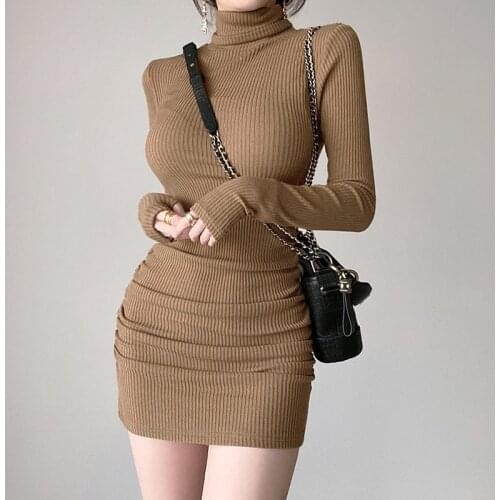Brown Ribbed Knit Turtleneck Long Sleeve Winter Runched Dresses For Women Fad Autumn Bodycon Lady Short Black Sheath Mini Dress