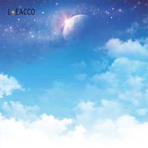 Laeacco Moon Blue Sky Glitter Stars Cloudy Wallpaper Party Baby Scenic Photo Backgrounds Photographic Backdrops For Photo Studio