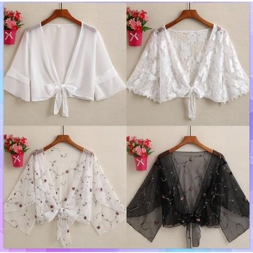 Summer Lady Beach Cover Up Sexy Floral Bikini Swimsuit Cover Up Strap Skirt Shawl Sun-Proof Cardigan Jacket Thin Lace Crop Top