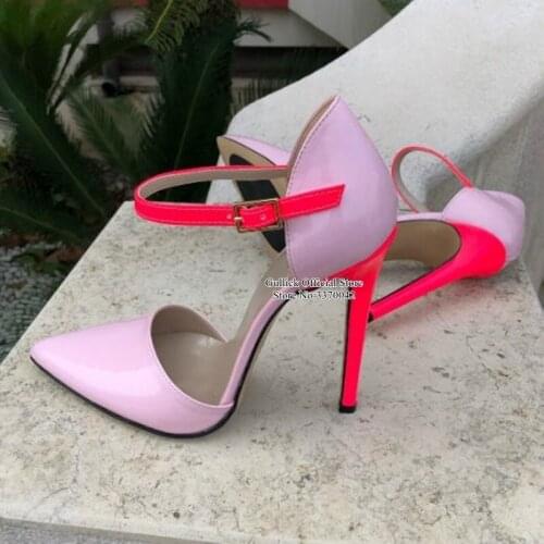 Hot Selling Patchwork Dress Shoes Pink Black Patent Leather Ankle Strap Stiletto Heels Women Pumps Cut-out Gladiator Shoes