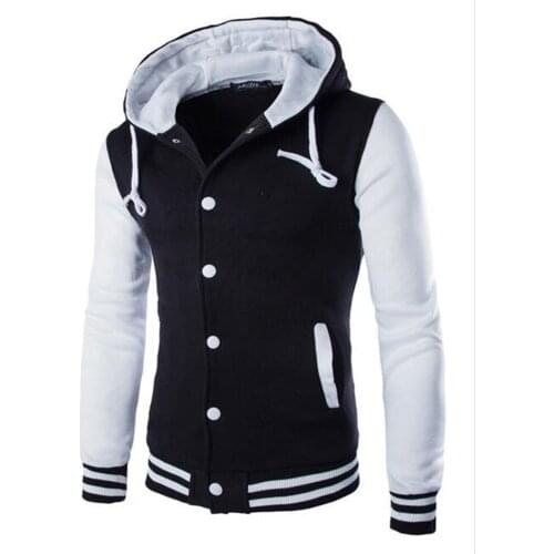 Mens Slim Fit Hoodie Varsity Baseball Button Through Jacket with Hooded Winter Coat For Boys