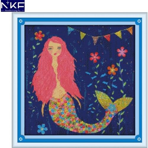 NKF Watercolor Mermaid Counted Cross Stitch Patterns DIY Kit Cross Stitch Sets for Embroidery Home Decor Needlework Cross Stitch