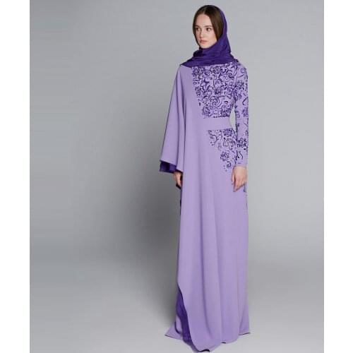 New In Purple Arabic Kaftan Dresses Long Sleeves Chiffon Embriodery Beaded Tops Muslim Prom Party Dress