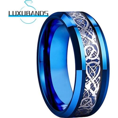 8MM Wedding Bands For Men Women Beveled Edges Engagment Rings Blue Carbon-Fiber Dragon Inlay Polished Finish Comfort Fit