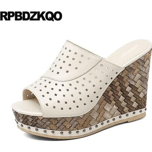 Shoes Sexy High Heels Pumps Wedge Sandals Platform Designer Peep Toe Slip On Beige Genuine Leather Women 2021 Slides Fetish