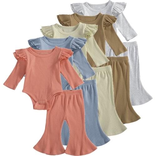 Newborn Todder Baby Girl Clothes Spring Long Sleeve Ruffles Rompers Tops Flare Pants Outfits Ribbed Knitted Sets