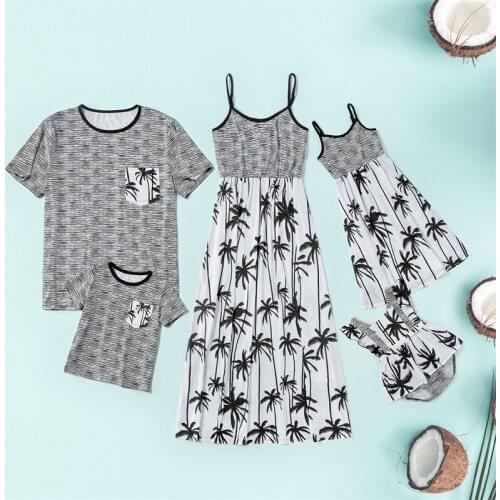 Family Matching Outfits Summer Leaf Stripe Print Dresses T Shirt Parent Child Wear Baby Girl Boy Father Mother Kids Home Clothes