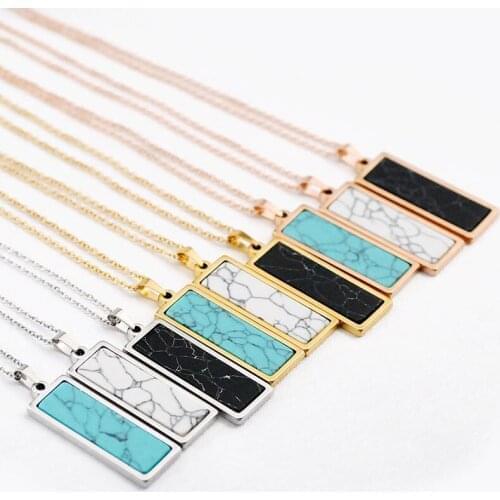 Stainless Steel Geometric Square Turquoise Necklace for Women Short Chain Small Choker Necklace Stone Pendant Charm Jewelry Gift