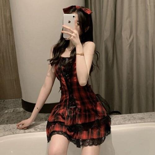 French Girl Red Plaid Dark Black Suspender Dress Summer 2021 New Short Dress