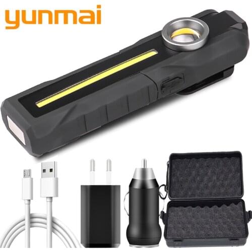 Working LED Flashlight Built in Rechargeable Battery COB Lamp 4 Modes Torch Tail Magnet for Camping 10W Bulbs Light Yunmai Black