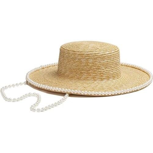 New Panama Womens Summer Hat Pearl Chain Decoration Sun Protection Cap Female Flat Top Wide Brim Hat Straw Hat Beach Sun Hats