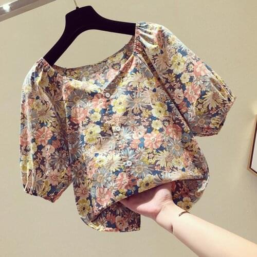 Sweet Style Floral Women Shirts Summer New 2021 V-Neck Lantern Sleeved Elegant Office Lady All Match Outwear Tops
