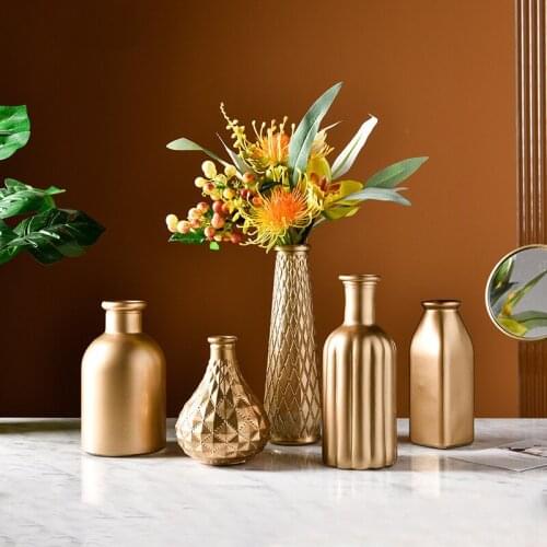 Modern minimalist home living room entrance golden glass vase desktop flower arrangement container decoration ornaments