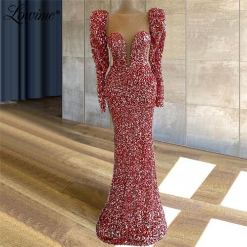 Lowime Beads Sequins Dubai Evening Dress Mermaid Party Gowns For Weddings 2021 Customized Formal Long Sleeves Prom Dresses Robes