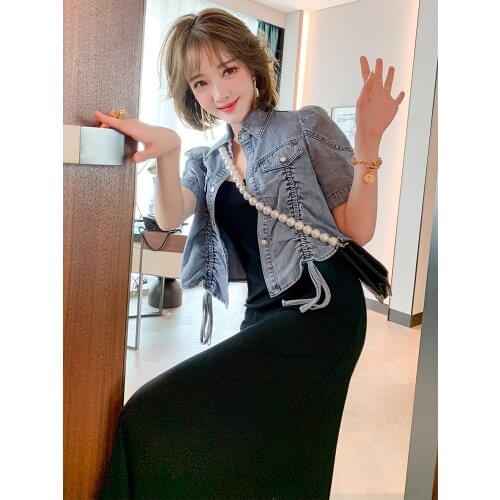 Top Quality Pleated lace up short denim shirt coat+Two piece suspender dress