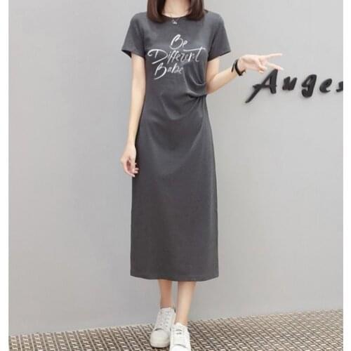 2021 Cotton T-Shirt Skirt WomenS Summer Loose Large Size Split Ends All-Match Mid-Length Over-The-Knee Dress