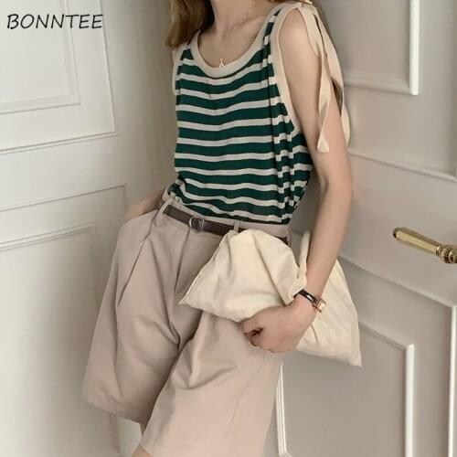 Camisole Women Leisure Summer Striped Loose Fashion Korean Style All-match Streetwear Sleeveless Bandage Elegant New Female Tops