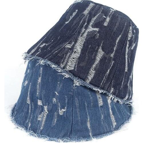 WZCX Denim Hole Vintage Solid Color Women Fishermans Hat Spring Autumn Korean Version Personality Basin Cap Flat Cap
