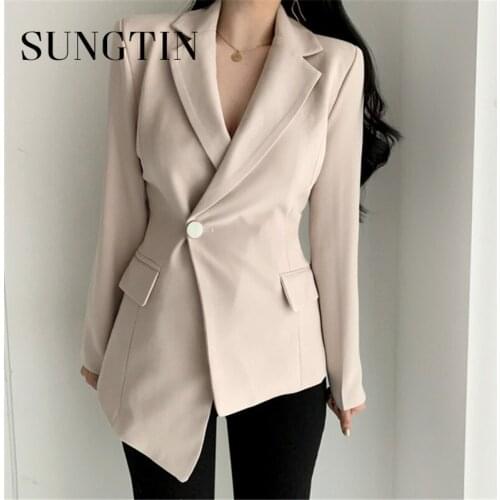 Sungtin Korean Irregular Blazer Jacket Women Single Button Casual Office Lady Pockets Suit Coat Loose Business Blazers Outerwear