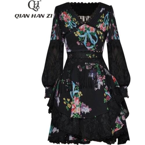 Qian Han Zi designer fashion runway 2-piece set Womens Lantern Sleeve tassel Sexy Short Top+embroidered lace Ruffle print suit