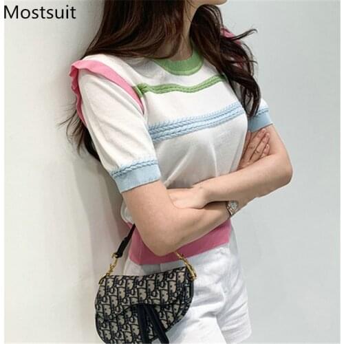 Color-blocked Twisted Knitted Pullover Sweater Women Summer Short Sleeve O-neck Buttons Tops Korean Fashion Ladies Jumpers 2021