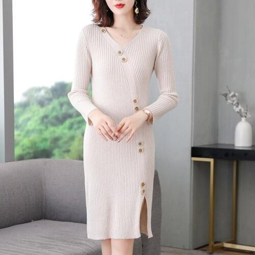 Women Wool Dress Ladies Slim Elastic Sweater Dress Fashion Side Split Knit Dress Pullover Buttons Dresses
