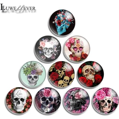 10mm 12mm 16mm 20mm 25mm 30mm 595 Skull Flower Mix Round Glass Cabochon Jewelry Finding 18mm Snap Button Charm Bracelet
