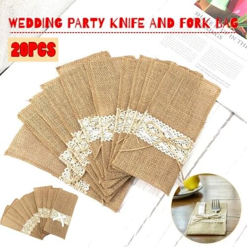 20pcs Rustic Wedding Table Accessories Burlap Lace Cutlery Knife Fork Bag Wedding Tableware Pouch Holder Bag For Party Birthday