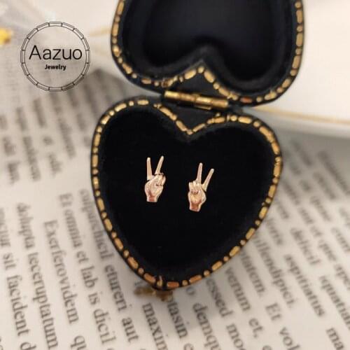 Aazuo INS Real 18K Rose Gold None Diamonds Fairy Victory Hand Gesture Stud Earrings gifted for Women Wedding Party Au750