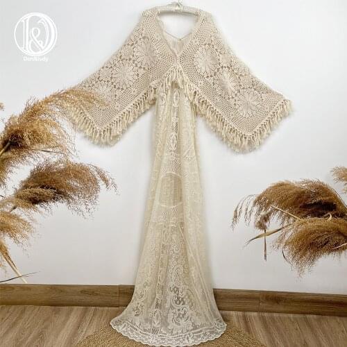 Don&Judy Beige Boho Maternity Dress for Photoshoot Maxi Gown Pregnancy Women Lace Long Dress Photo Shooting V-neck Party Clothes