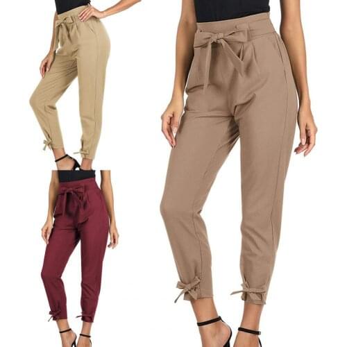 Solid Color Women Pants High Waist Bottoms Bow Knot Removable Belt Pencil Pants Streetwear