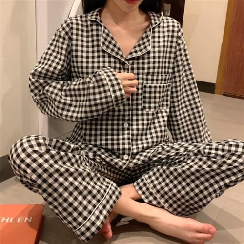Korean Plaid Home Suit Vintage Sleepwear Soft Long Sleeve Cotton Two Piece Set Nightgown Single Breasted Shirt Trousers Set A012