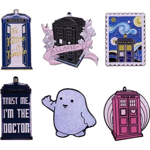 Time Lord Phone Box Tardis Police Time Machine Enamel Brooch Pins Badge Lapel Pin Brooches Collar Jeans Jacket Fashion Jewelry